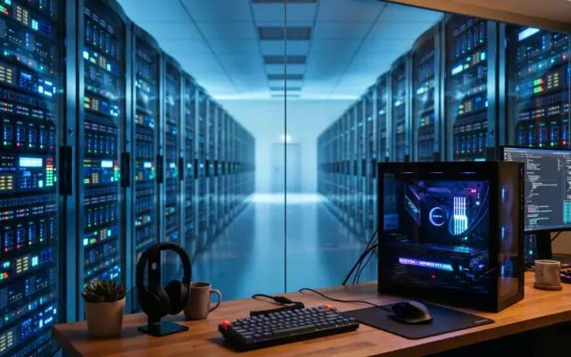 Local AI models running on a home PC, contrasted with a frontier model data center