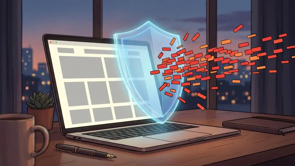 A shield deflecting ad blocks from a laptop screen, illustrating Manifest V3 ad blocking on Chromium browsers