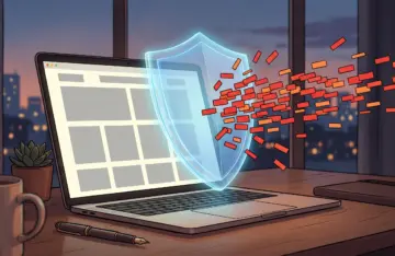 A shield deflecting ad blocks from a laptop screen, illustrating Manifest V3 ad blocking on Chromium browsers