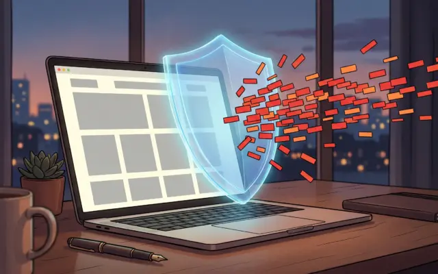A shield deflecting ad blocks from a laptop screen, illustrating Manifest V3 ad blocking on Chromium browsers