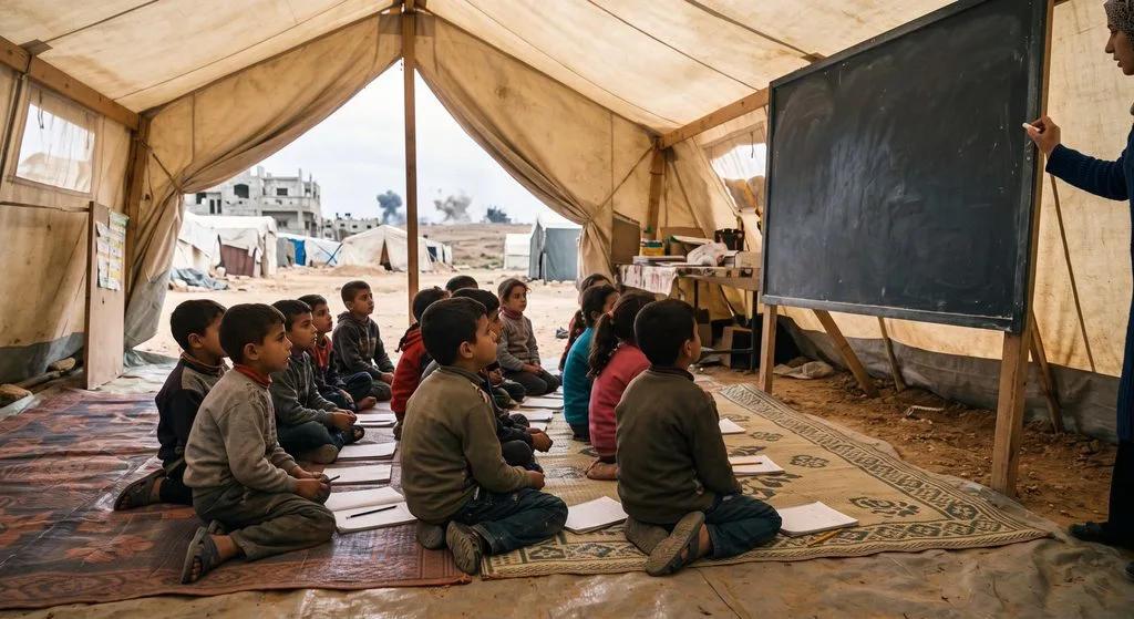 Children in Gaza learning in a tent classroom after their school was destroyed