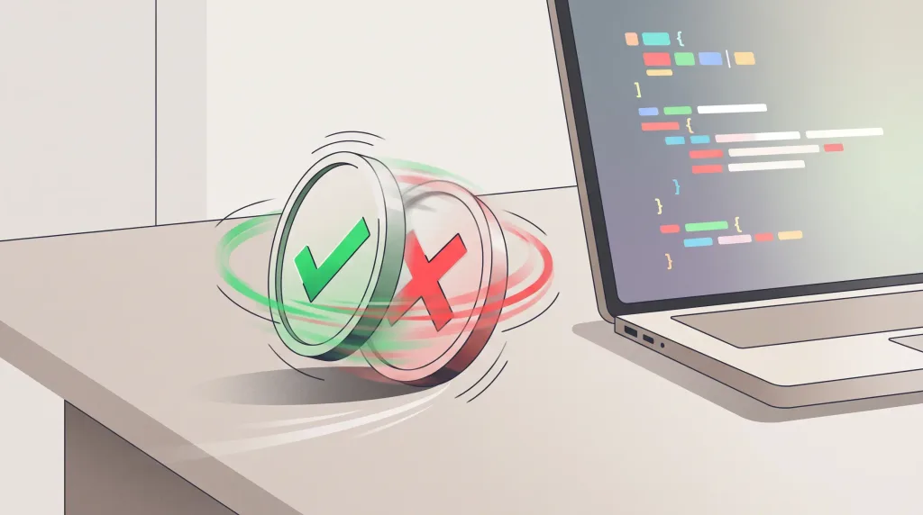 Spinning coin beside a laptop, showing AI coding tools still need a software engineer to check the result