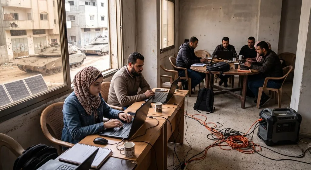 Freelancers sharing solar power and internet at a coworking space in Gaza