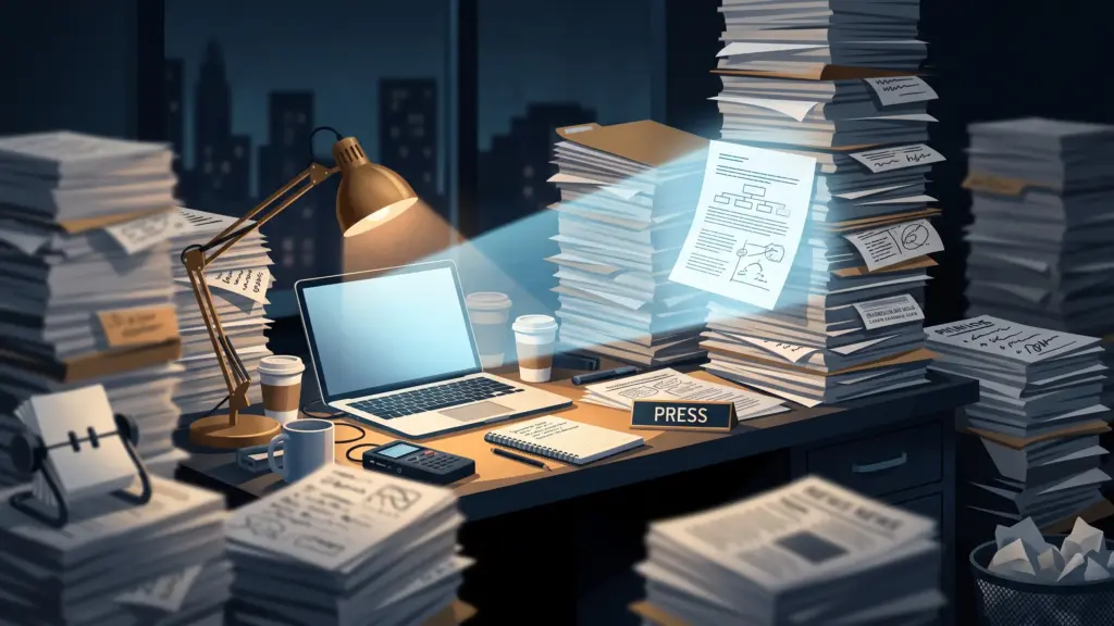Stacks of documents on a reporter's desk with one page highlighted, showing AI in journalism sorting sources