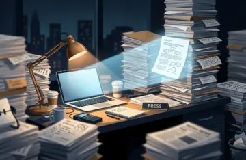 Stacks of documents on a reporter's desk with one page highlighted, showing AI in journalism sorting sources