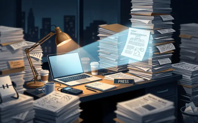 Stacks of documents on a reporter's desk with one page highlighted, showing AI in journalism sorting sources