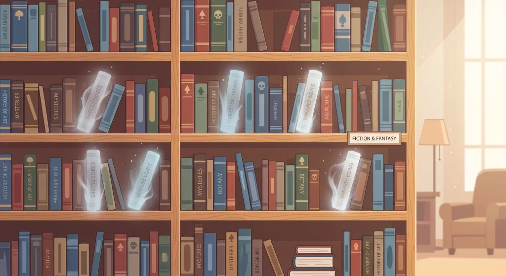 Bookshelf with some fading, ghostly books representing fabricated citations in academic research