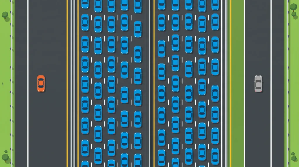 Crowded lanes of identical cars and one orange car, showing the Chromium vs Firefox market share gap