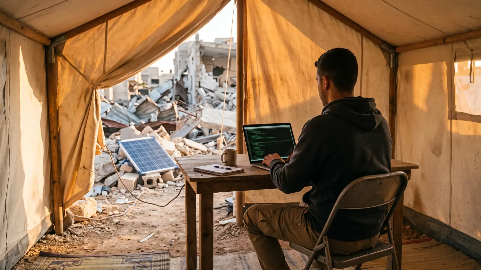 Palestinian tech talent at work, a developer coding on a laptop inside a tent in Gaza