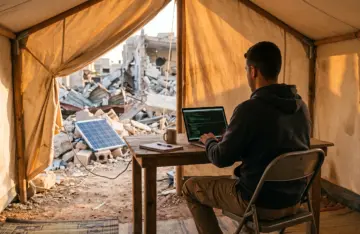 Palestinian tech talent at work, a developer coding on a laptop inside a tent in Gaza