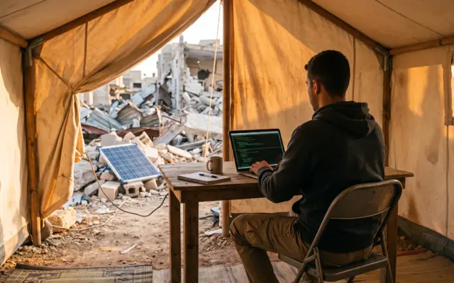 Palestinian tech talent at work, a developer coding on a laptop inside a tent in Gaza