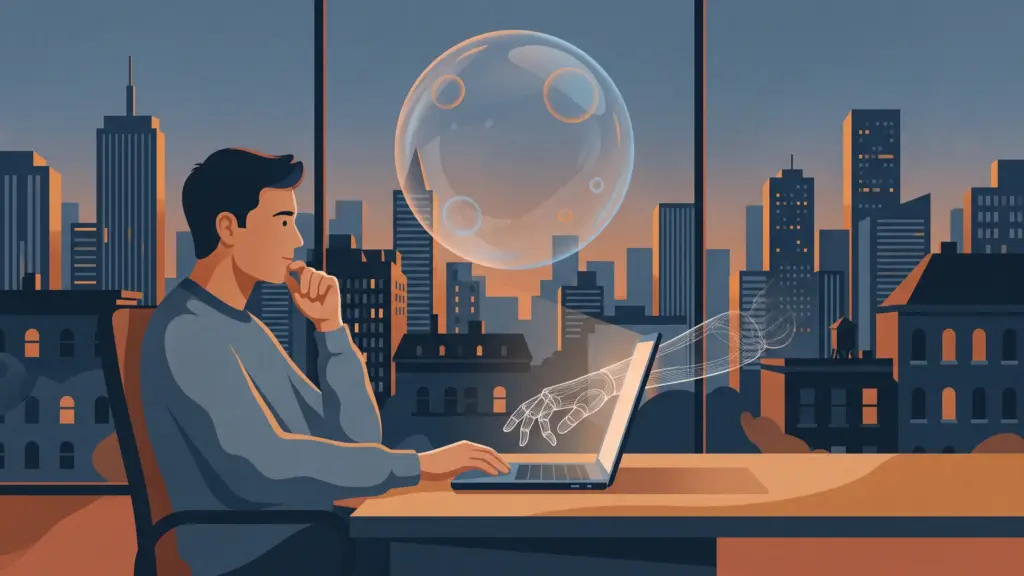 Developer working calmly under a floating bubble, illustrating whether AI will replace software engineers