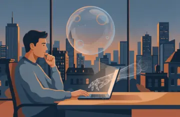 Developer working calmly under a floating bubble, illustrating whether AI will replace software engineers
