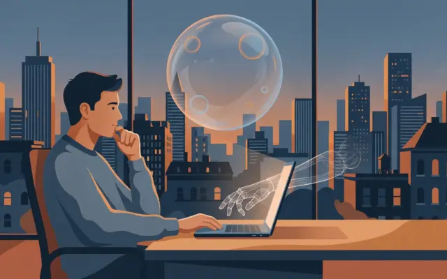 Developer working calmly under a floating bubble, illustrating whether AI will replace software engineers