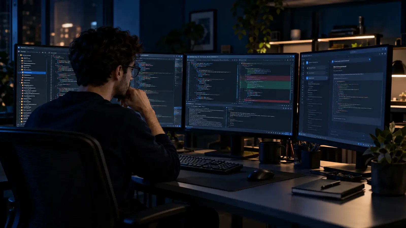 Software developer reviewing a complex codebase across multiple monitors, comparing AI-assisted coding tools with traditional code review in a dark navy workspace