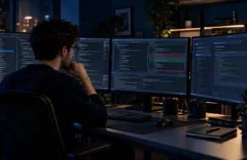 Software developer reviewing a complex codebase across multiple monitors, comparing AI-assisted coding tools with traditional code review in a dark navy workspace