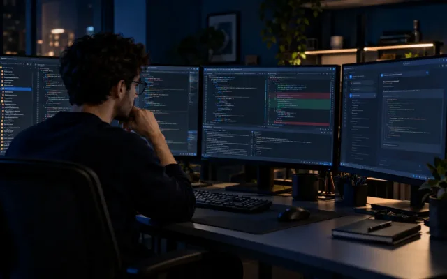Software developer reviewing a complex codebase across multiple monitors, comparing AI-assisted coding tools with traditional code review in a dark navy workspace