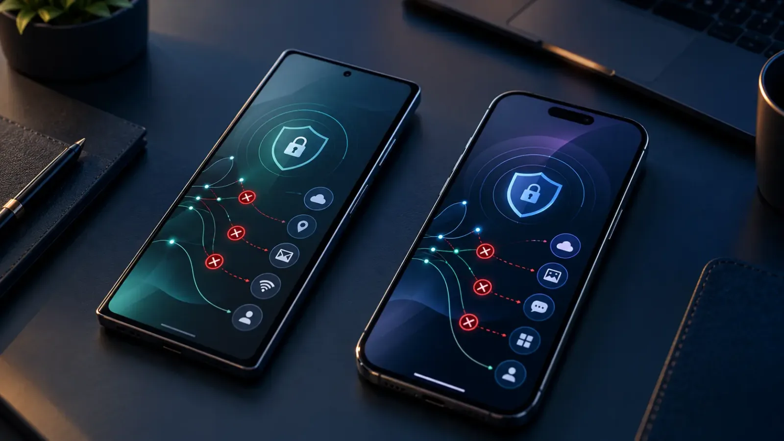 Android and iPhone devices with privacy shields illustrating mobile tracker blocking