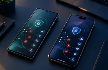 Android and iPhone devices with privacy shields illustrating mobile tracker blocking