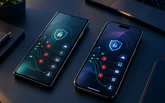Android and iPhone devices with privacy shields illustrating mobile tracker blocking