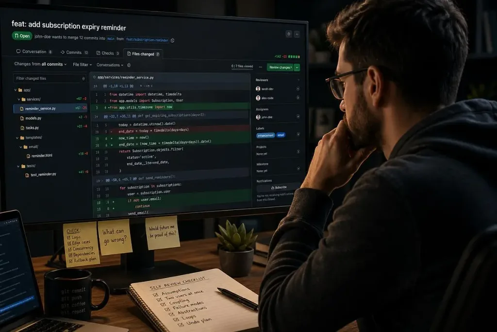 Developer reviewing source code changes in a pull request before merging